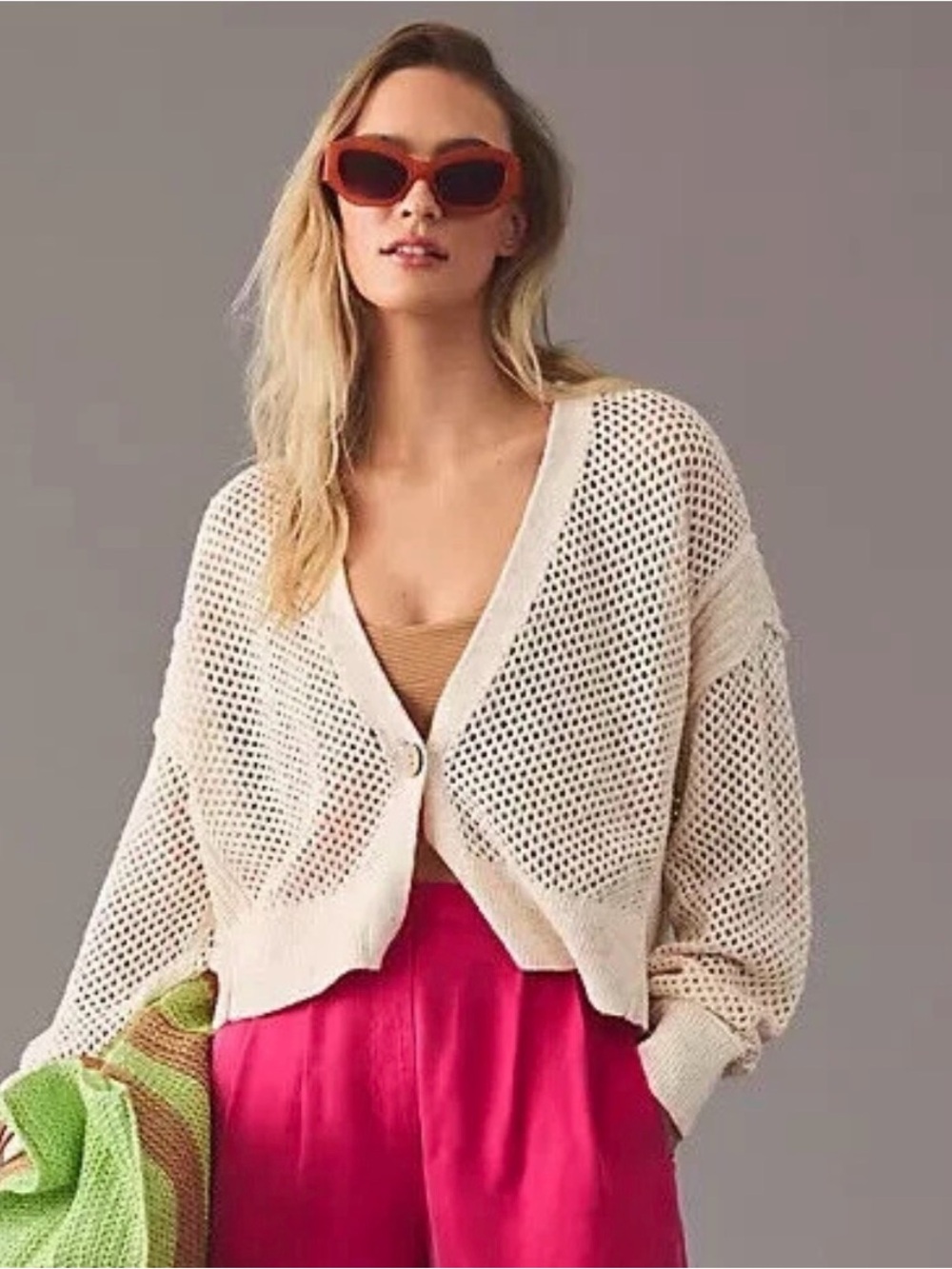 Pilcro Cream Open-Weave V-Neck Cardigan